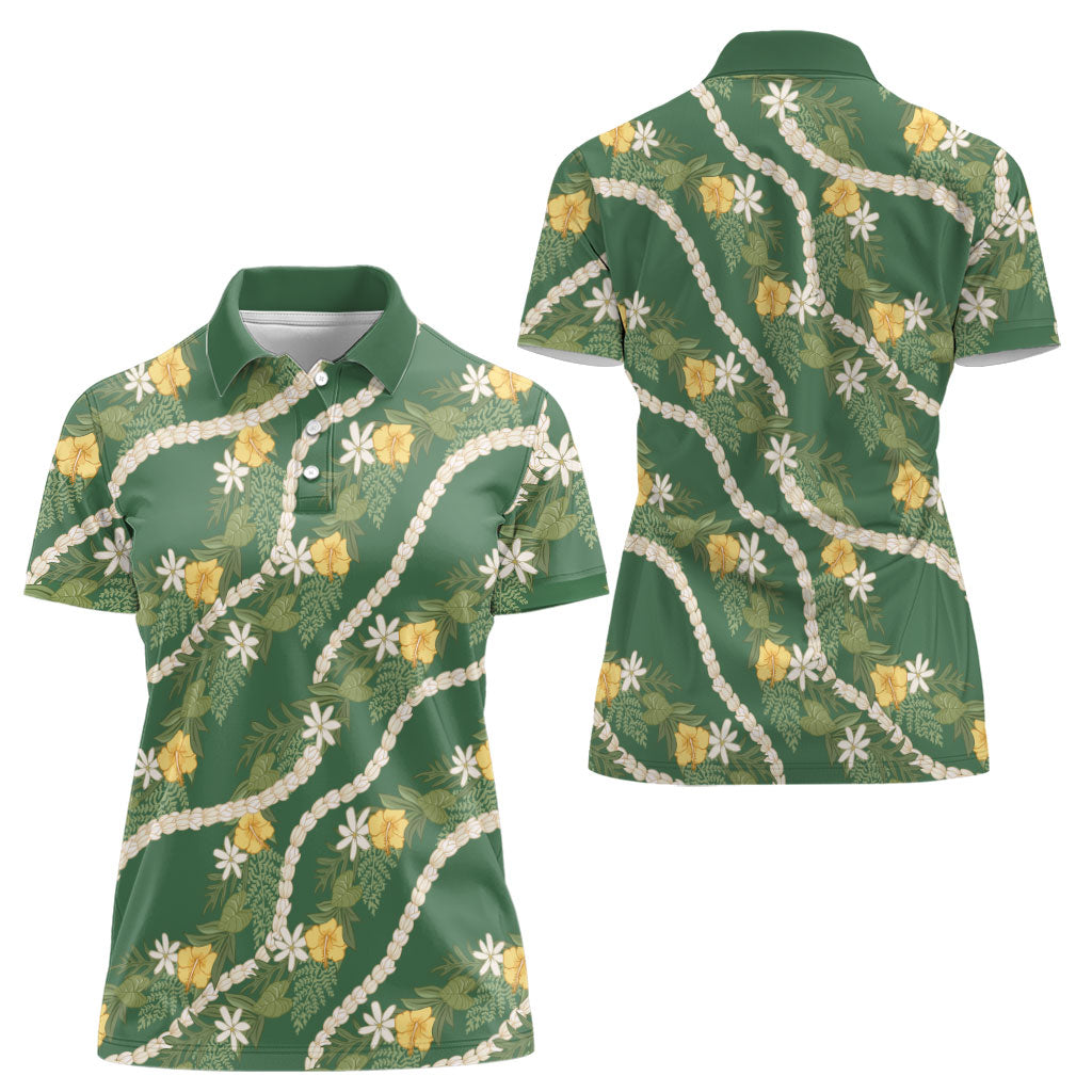 Hawaiian Pikake Maile Lei Women Polo Shirt Tiare Hibiscus Kalo Palapalai Leaf Green