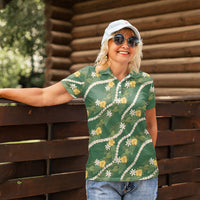 Hawaiian Pikake Maile Lei Women Polo Shirt Tiare Hibiscus Kalo Palapalai Leaf Green