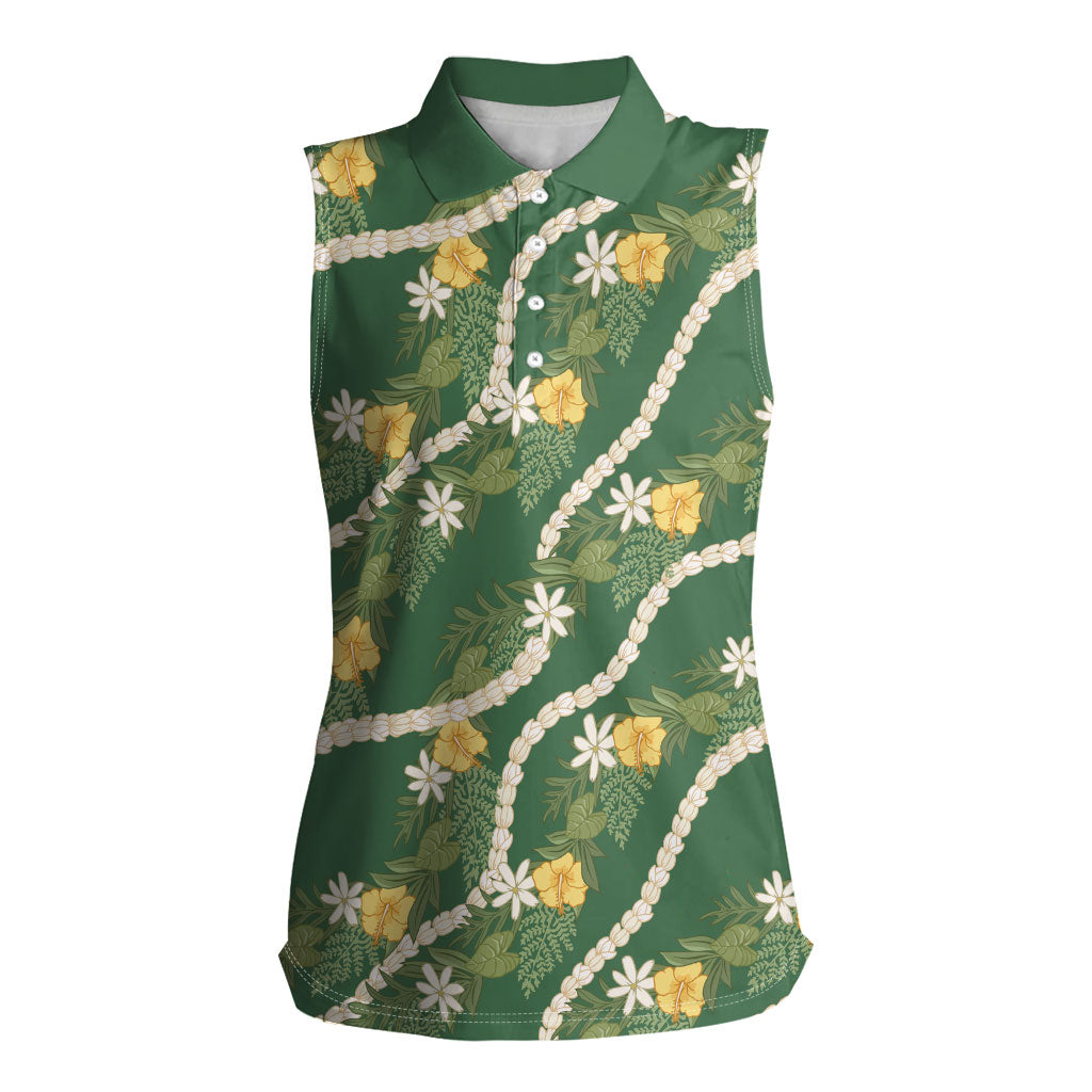 Hawaiian Pikake Maile Lei Women Sleeveless Polo Shirt Tiare Hibiscus Kalo Palapalai Leaf Green