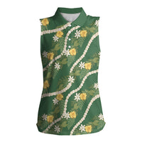 Hawaiian Pikake Maile Lei Women Sleeveless Polo Shirt Tiare Hibiscus Kalo Palapalai Leaf Green
