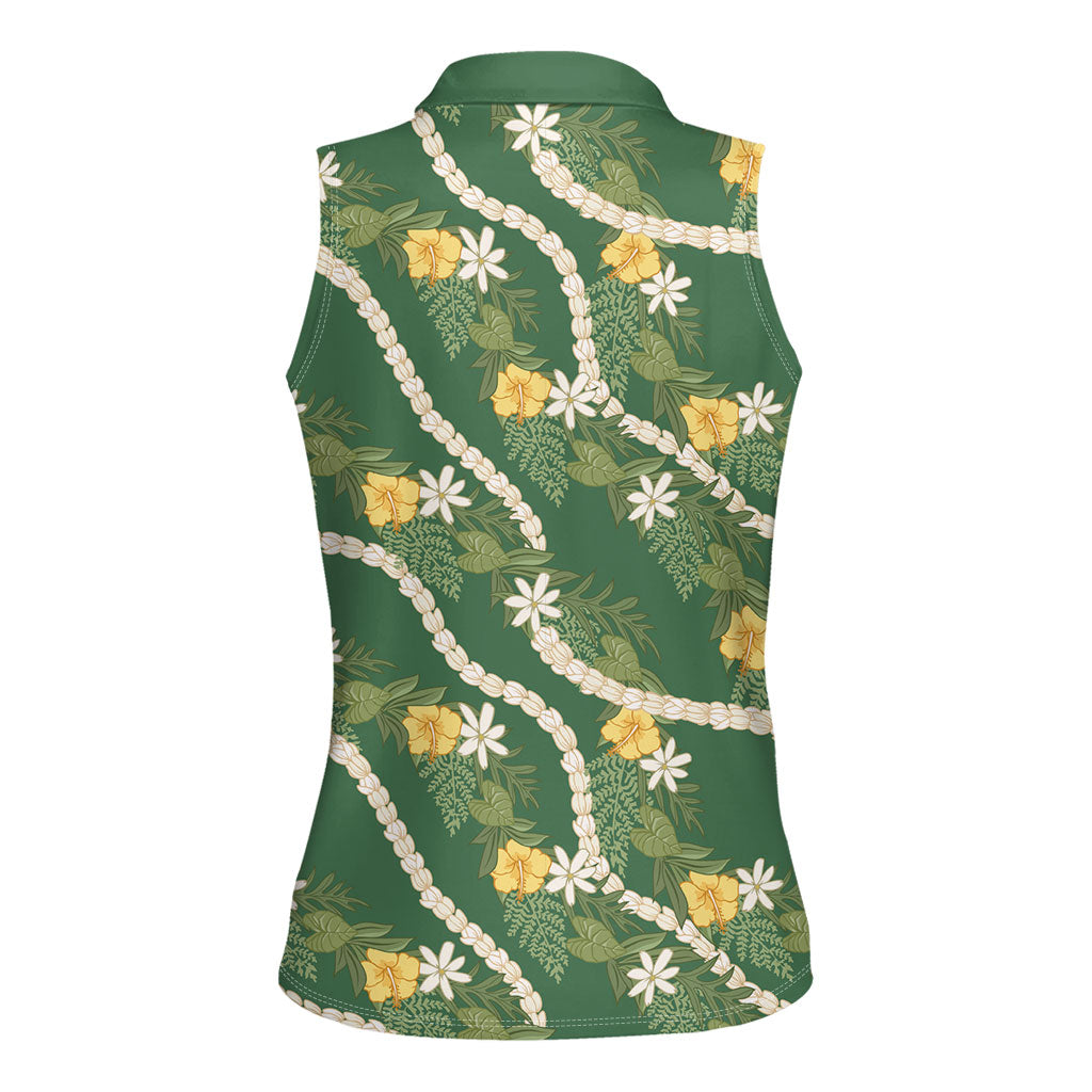 Hawaiian Pikake Maile Lei Women Sleeveless Polo Shirt Tiare Hibiscus Kalo Palapalai Leaf Green