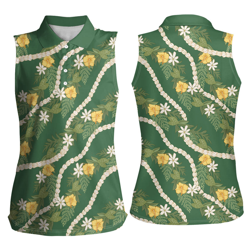 Hawaiian Pikake Maile Lei Women Sleeveless Polo Shirt Tiare Hibiscus Kalo Palapalai Leaf Green