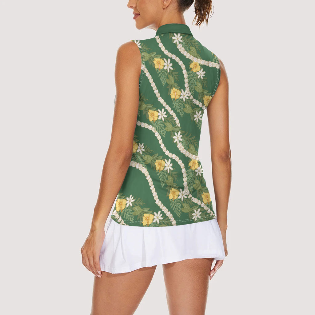 Hawaiian Pikake Maile Lei Women Sleeveless Polo Shirt Tiare Hibiscus Kalo Palapalai Leaf Green
