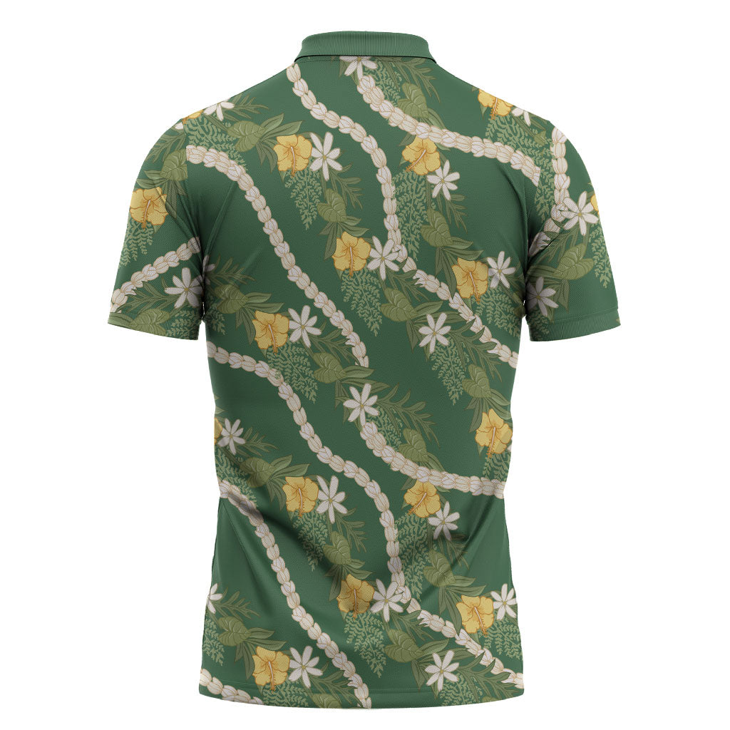 Hawaiian Pikake Maile Lei Zipper Polo Shirt Tiare Hibiscus Kalo Palapalai Leaf Green