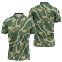 Hawaiian Pikake Maile Lei Zipper Polo Shirt Tiare Hibiscus Kalo Palapalai Leaf Green