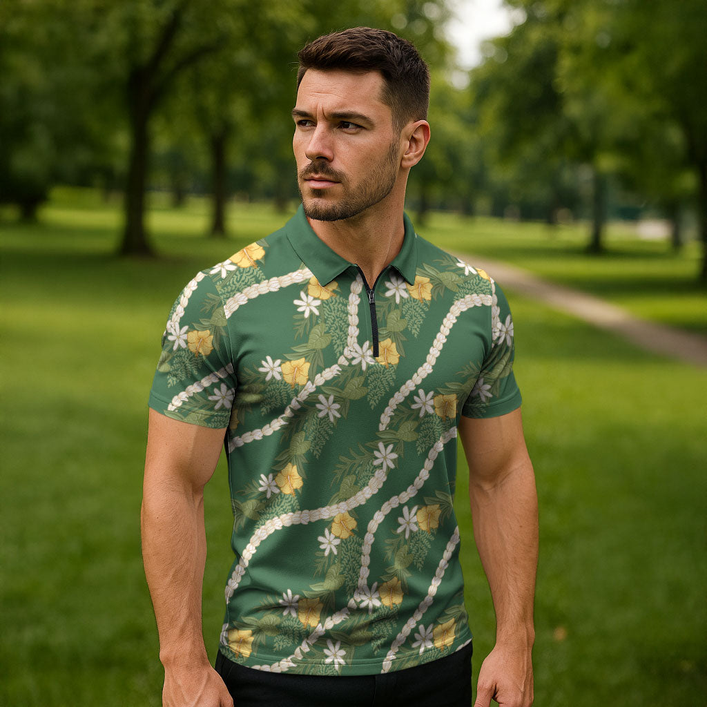 Hawaiian Pikake Maile Lei Zipper Polo Shirt Tiare Hibiscus Kalo Palapalai Leaf Green