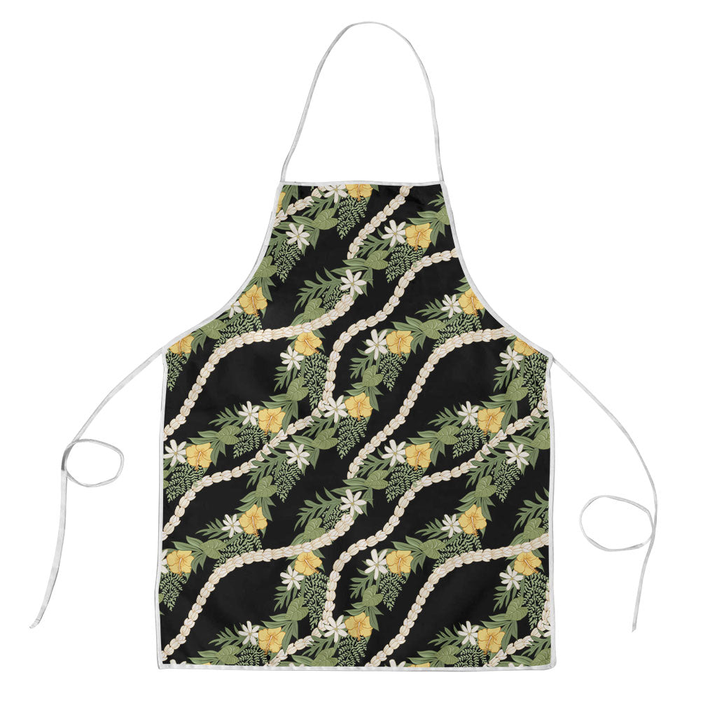Hawaiian Pikake Maile Lei Apron Tiare Hibiscus Kalo Palapalai Leaf Black