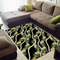Hawaiian Pikake Maile Lei Area Rug Tiare Hibiscus Kalo Palapalai Leaf Black