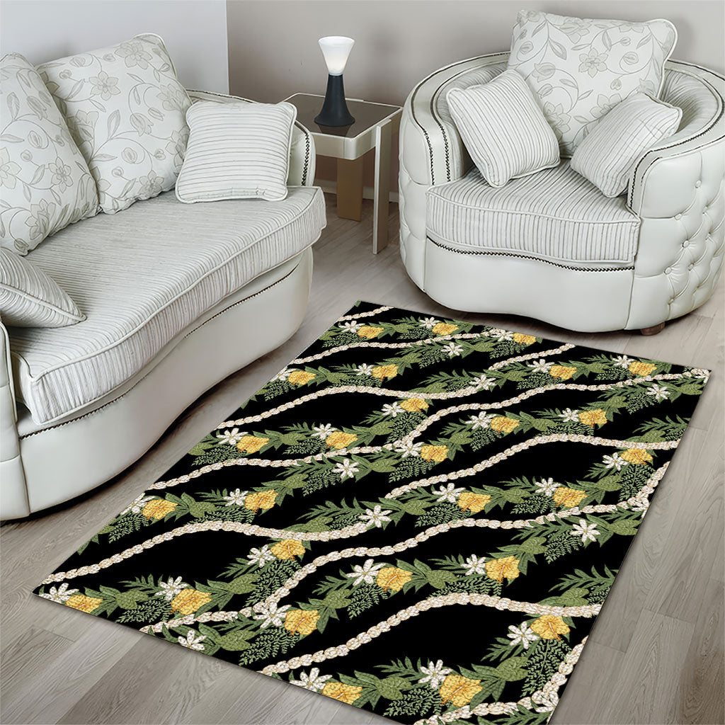 Hawaiian Pikake Maile Lei Area Rug Tiare Hibiscus Kalo Palapalai Leaf Black