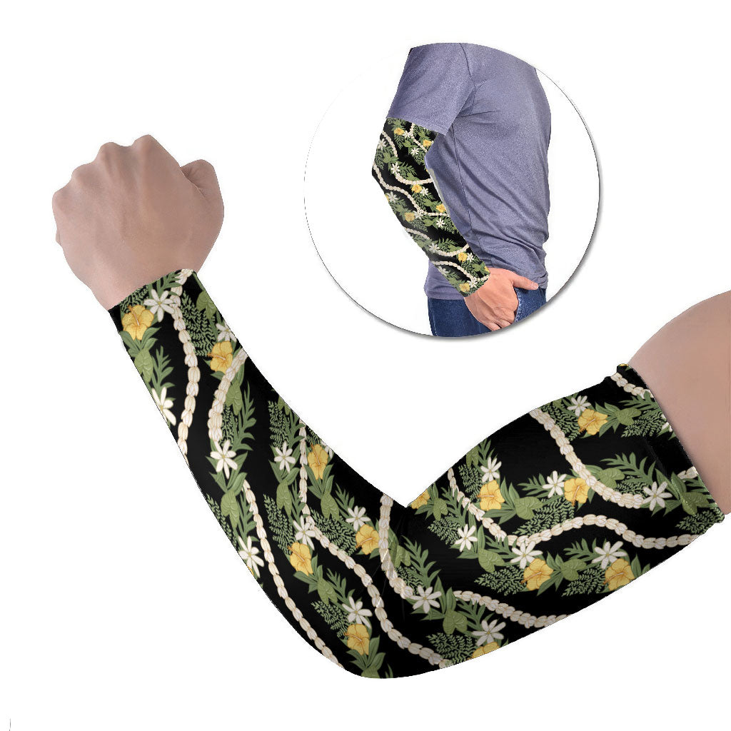 Hawaiian Pikake Maile Lei Arm Sleeves Tiare Hibiscus Kalo Palapalai Leaf Black