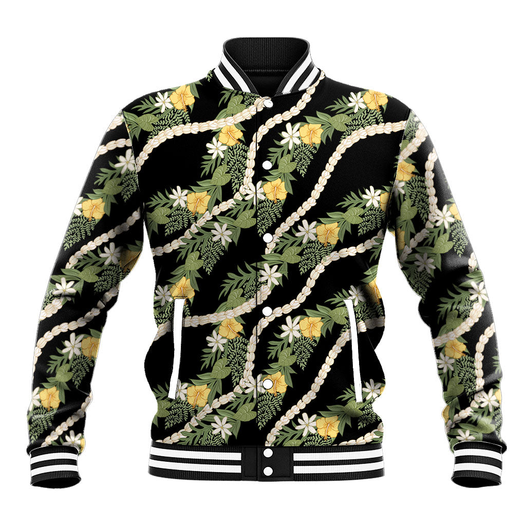 Hawaiian Pikake Maile Lei Baseball Jacket Tiare Hibiscus Kalo Palapalai Leaf Black