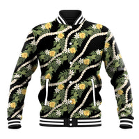 Hawaiian Pikake Maile Lei Baseball Jacket Tiare Hibiscus Kalo Palapalai Leaf Black