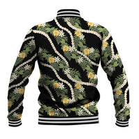 Hawaiian Pikake Maile Lei Baseball Jacket Tiare Hibiscus Kalo Palapalai Leaf Black