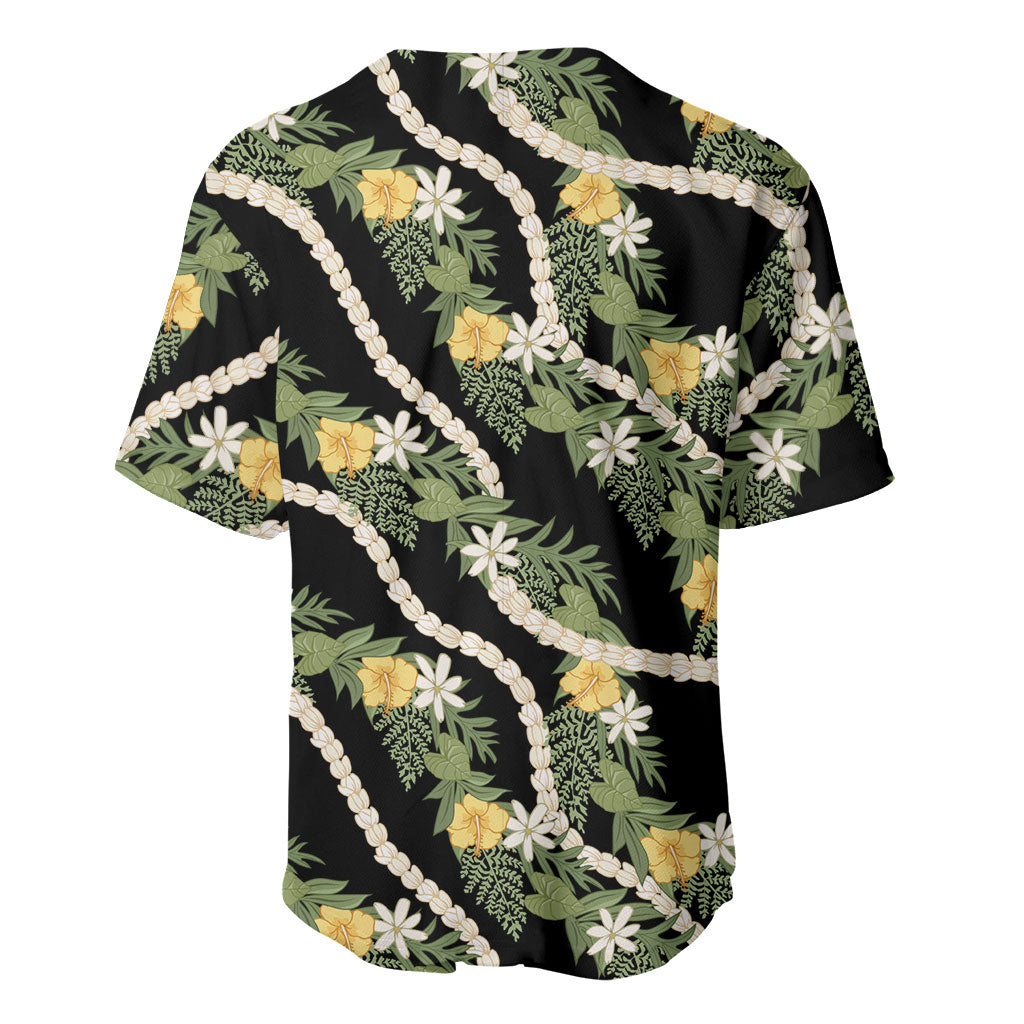 Hawaiian Pikake Maile Lei Baseball Jersey Tiare Hibiscus Kalo Palapalai Leaf Black