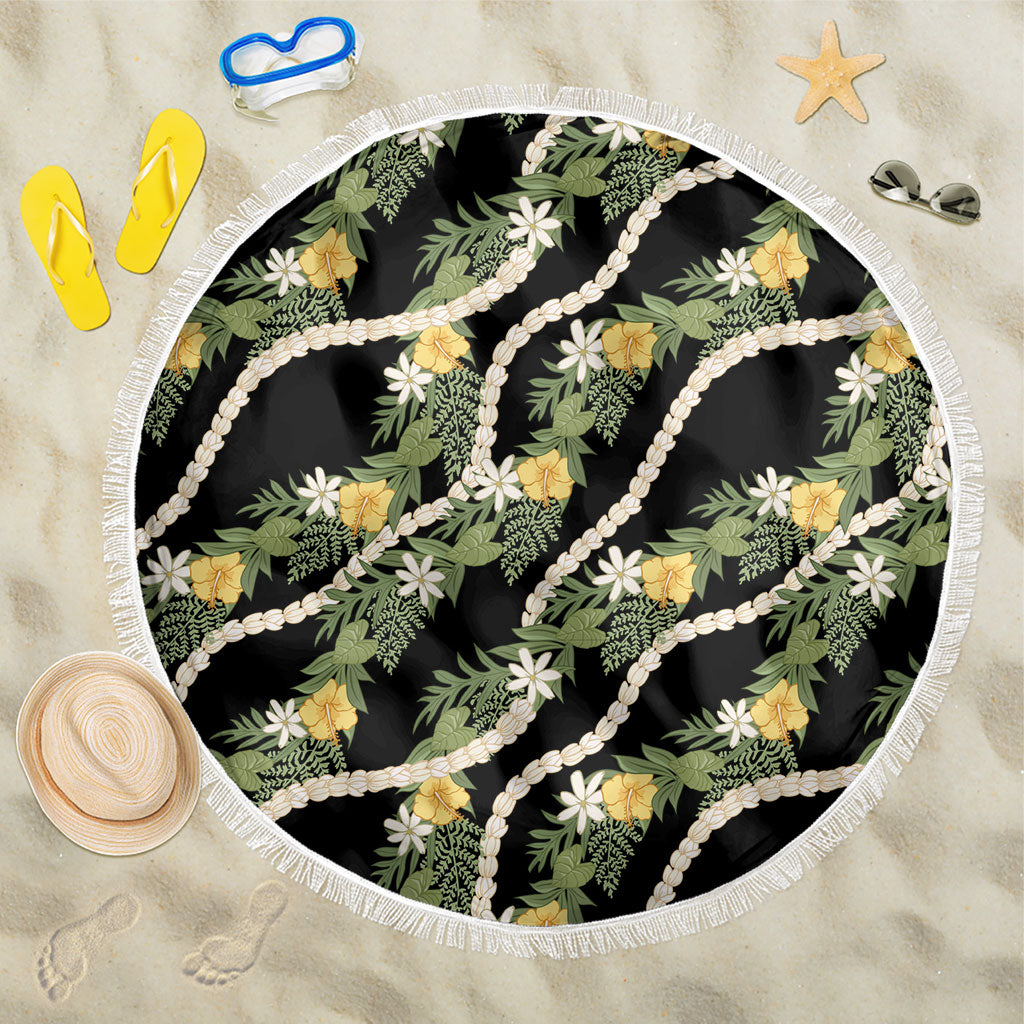 Hawaiian Pikake Maile Lei Beach Blanket Tiare Hibiscus Kalo Palapalai Leaf Black