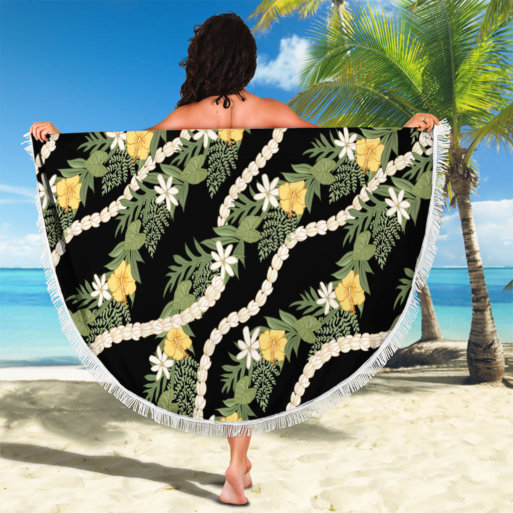 Hawaiian Pikake Maile Lei Beach Blanket Tiare Hibiscus Kalo Palapalai Leaf Black
