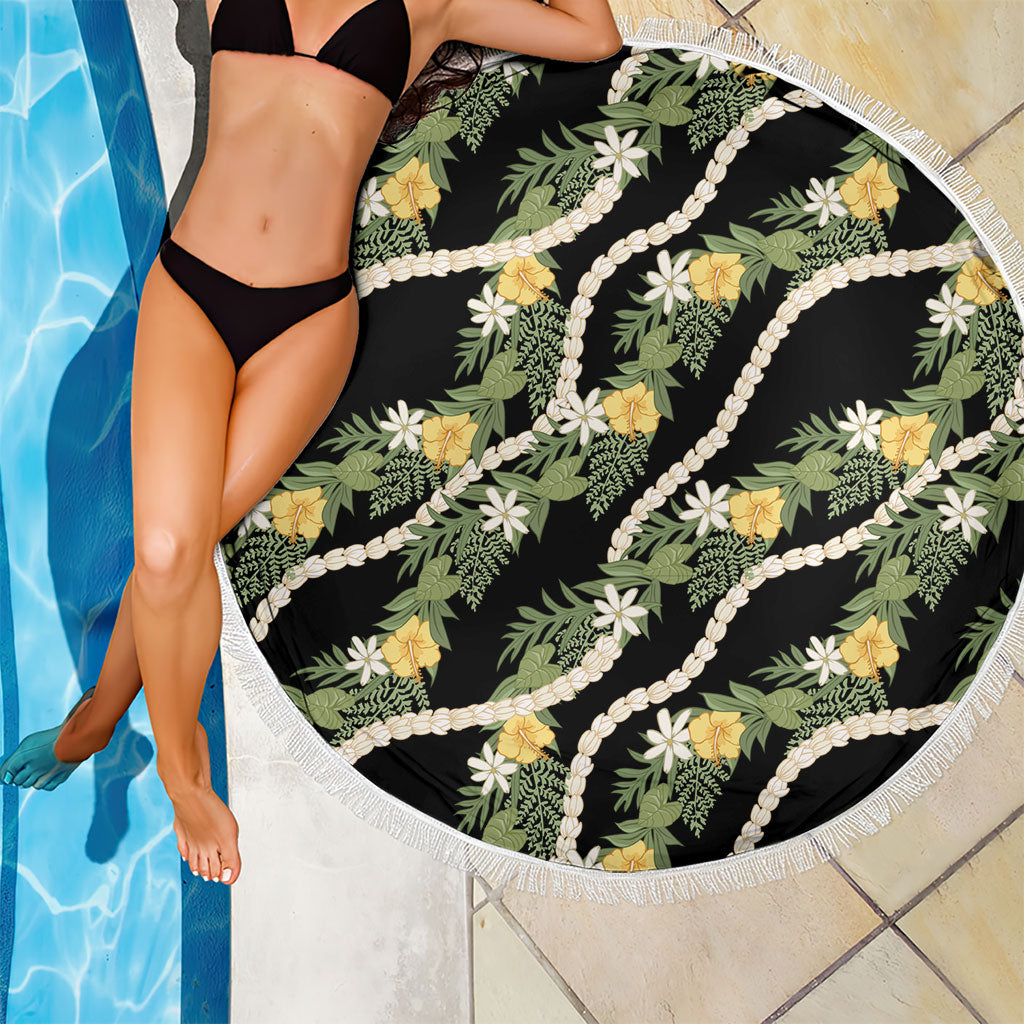 Hawaiian Pikake Maile Lei Beach Blanket Tiare Hibiscus Kalo Palapalai Leaf Black
