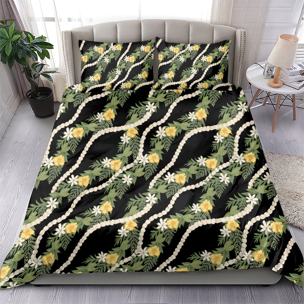 Hawaiian Pikake Maile Lei Bedding Set Tiare Hibiscus Kalo Palapalai Leaf Black