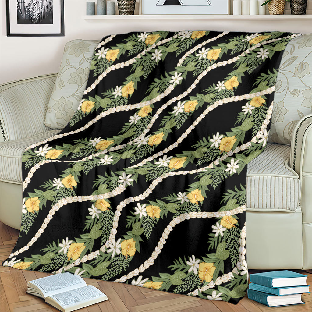 Hawaiian Pikake Maile Lei Blanket Tiare Hibiscus Kalo Palapalai Leaf Black