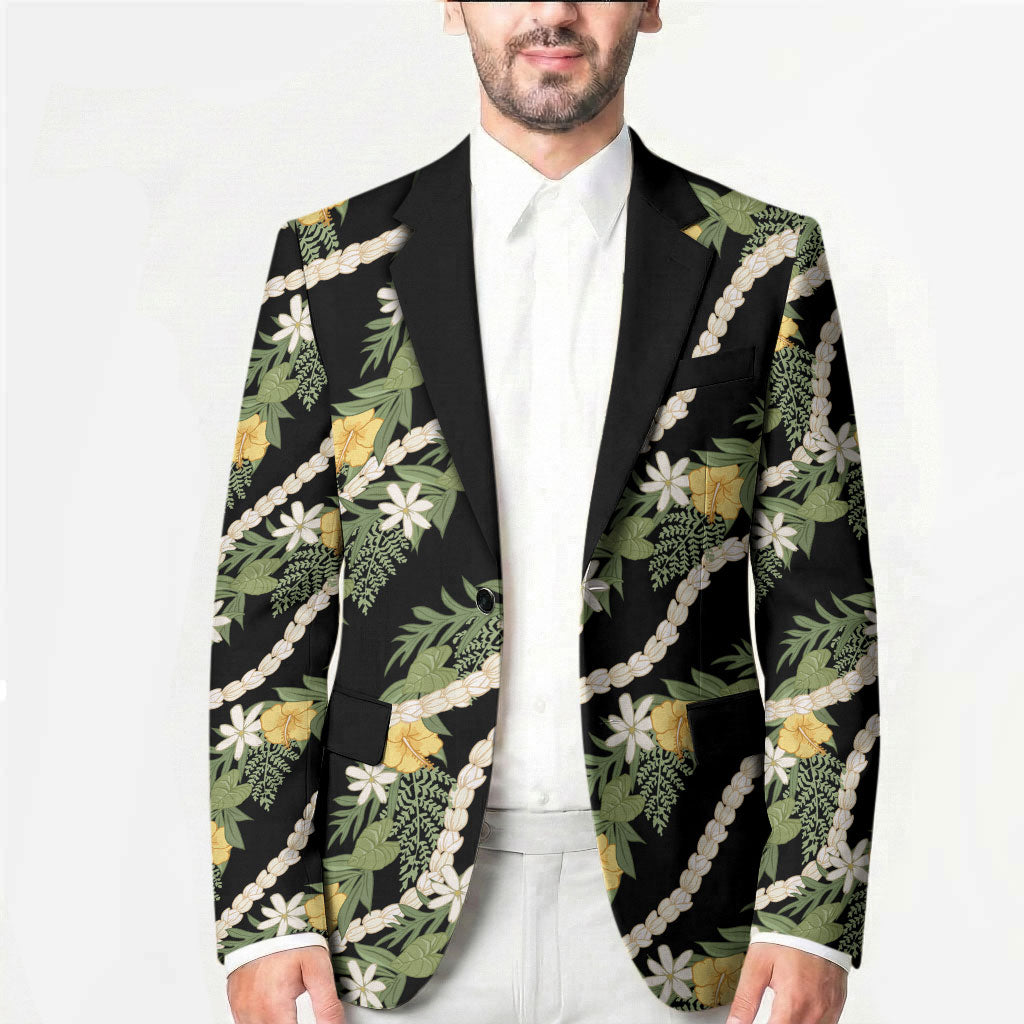Hawaiian Pikake Maile Lei Blazer Tiare Hibiscus Kalo Palapalai Leaf Black