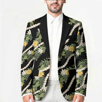Hawaiian Pikake Maile Lei Blazer Tiare Hibiscus Kalo Palapalai Leaf Black