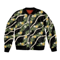 Hawaiian Pikake Maile Lei Bomber Jacket Tiare Hibiscus Kalo Palapalai Leaf Black