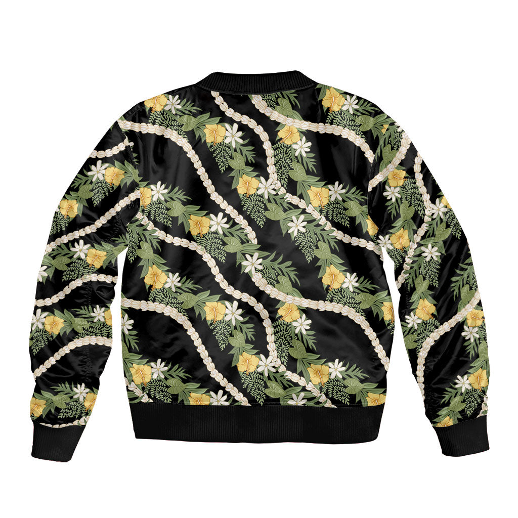 Hawaiian Pikake Maile Lei Bomber Jacket Tiare Hibiscus Kalo Palapalai Leaf Black
