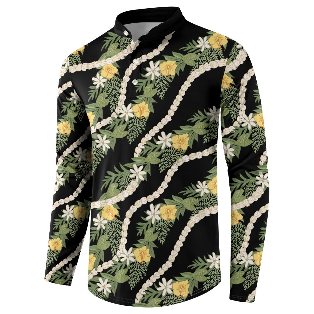 Hawaiian Pikake Maile Lei Button Sweatshirt Tiare Hibiscus Kalo Palapalai Leaf Black