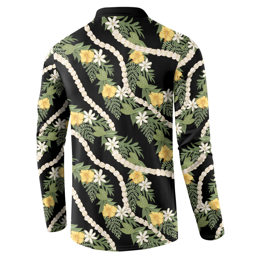 Hawaiian Pikake Maile Lei Button Sweatshirt Tiare Hibiscus Kalo Palapalai Leaf Black