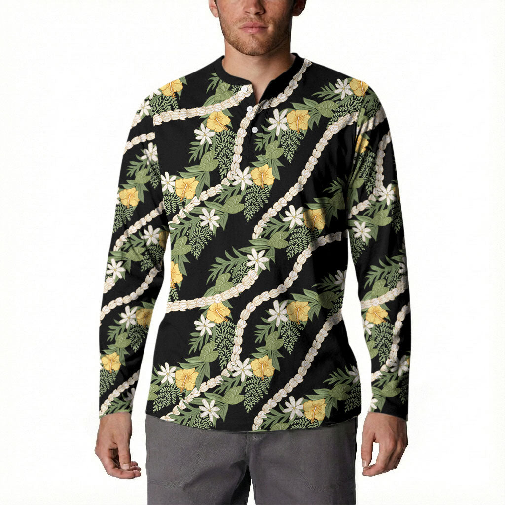 Hawaiian Pikake Maile Lei Button Sweatshirt Tiare Hibiscus Kalo Palapalai Leaf Black
