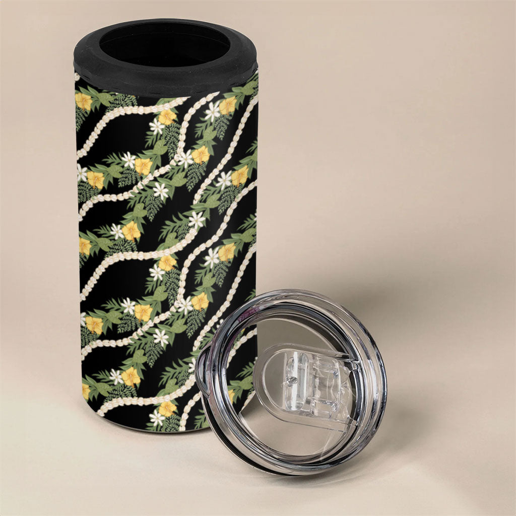 Hawaiian Pikake Maile Lei 4 in 1 Can Cooler Tumbler Tiare Hibiscus Kalo Palapalai Leaf Black