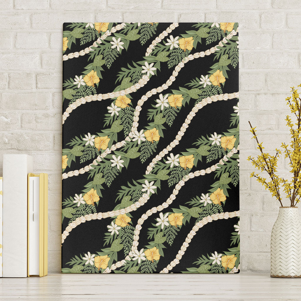 Hawaiian Pikake Maile Lei Canvas Wall Art Tiare Hibiscus Kalo Palapalai Leaf Black LT19 Without Frame Black - Polynesian Pride