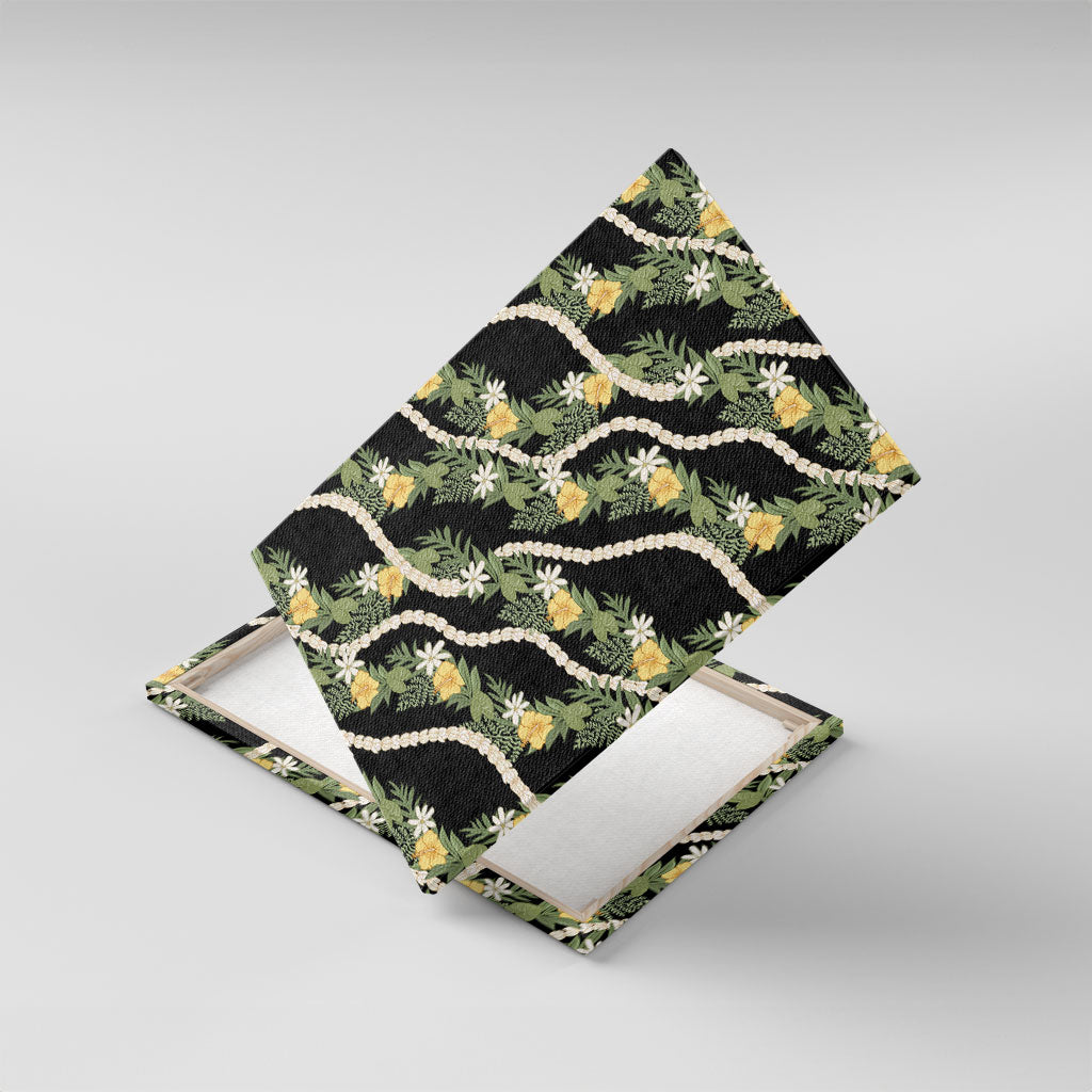 Hawaiian Pikake Maile Lei Canvas Wall Art Tiare Hibiscus Kalo Palapalai Leaf Black LT19 With Frame Black - Polynesian Pride