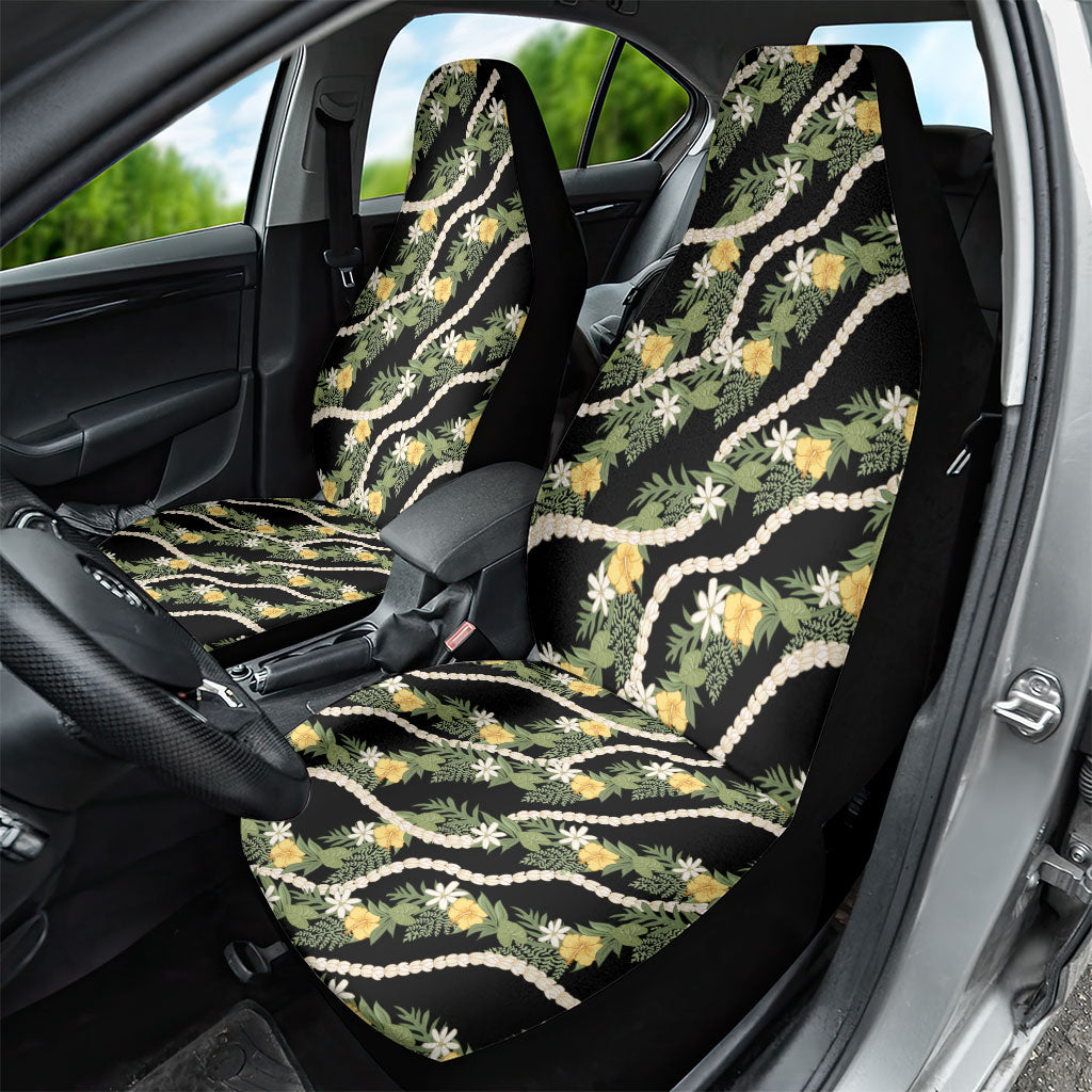 Hawaiian Pikake Maile Lei Car Seat Cover Tiare Hibiscus Kalo Palapalai Leaf Black