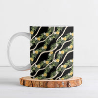 Hawaiian Pikake Maile Lei Ceramic Mug Tiare Hibiscus Kalo Palapalai Leaf Black