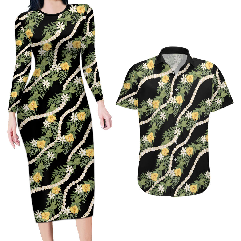 Hawaiian Pikake Maile Lei Couples Matching Long Sleeve Bodycon Dress and Hawaiian Shirt Tiare Hibiscus Kalo Palapalai Leaf Black