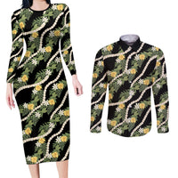 Hawaiian Pikake Maile Lei Couples Matching Long Sleeve Bodycon Dress and Long Sleeve Button Shirt Tiare Hibiscus Kalo Palapalai Leaf Black