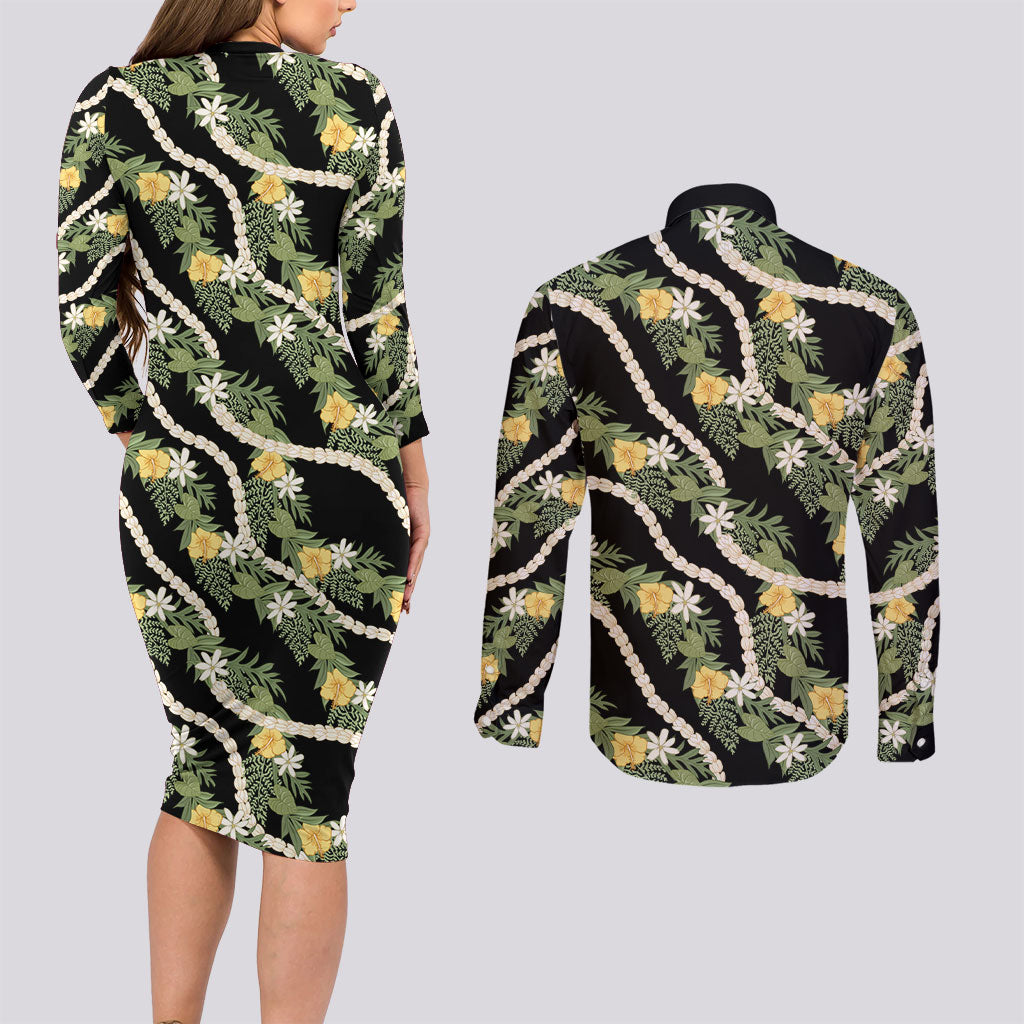 Hawaiian Pikake Maile Lei Couples Matching Long Sleeve Bodycon Dress and Long Sleeve Button Shirt Tiare Hibiscus Kalo Palapalai Leaf Black