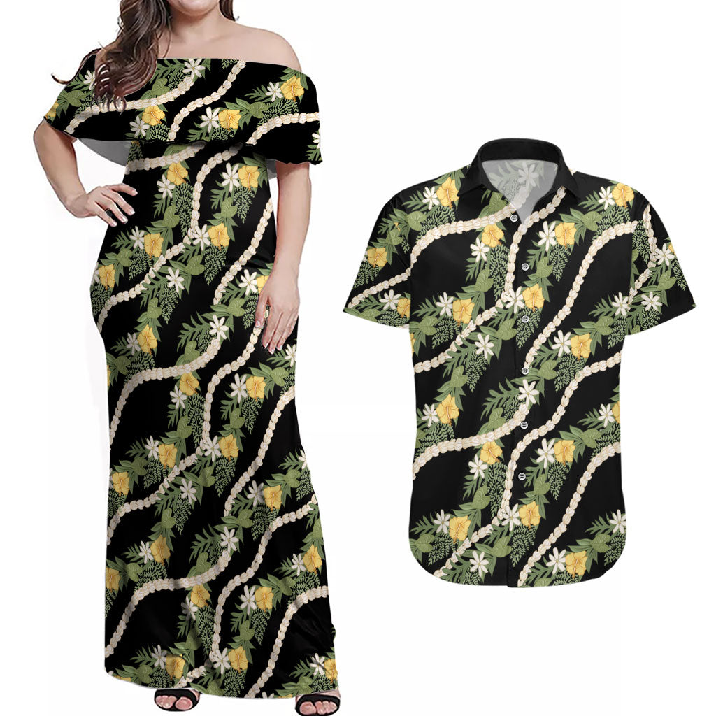 Hawaiian Pikake Maile Lei Couples Matching Off Shoulder Maxi Dress and Hawaiian Shirt Tiare Hibiscus Kalo Palapalai Leaf Black