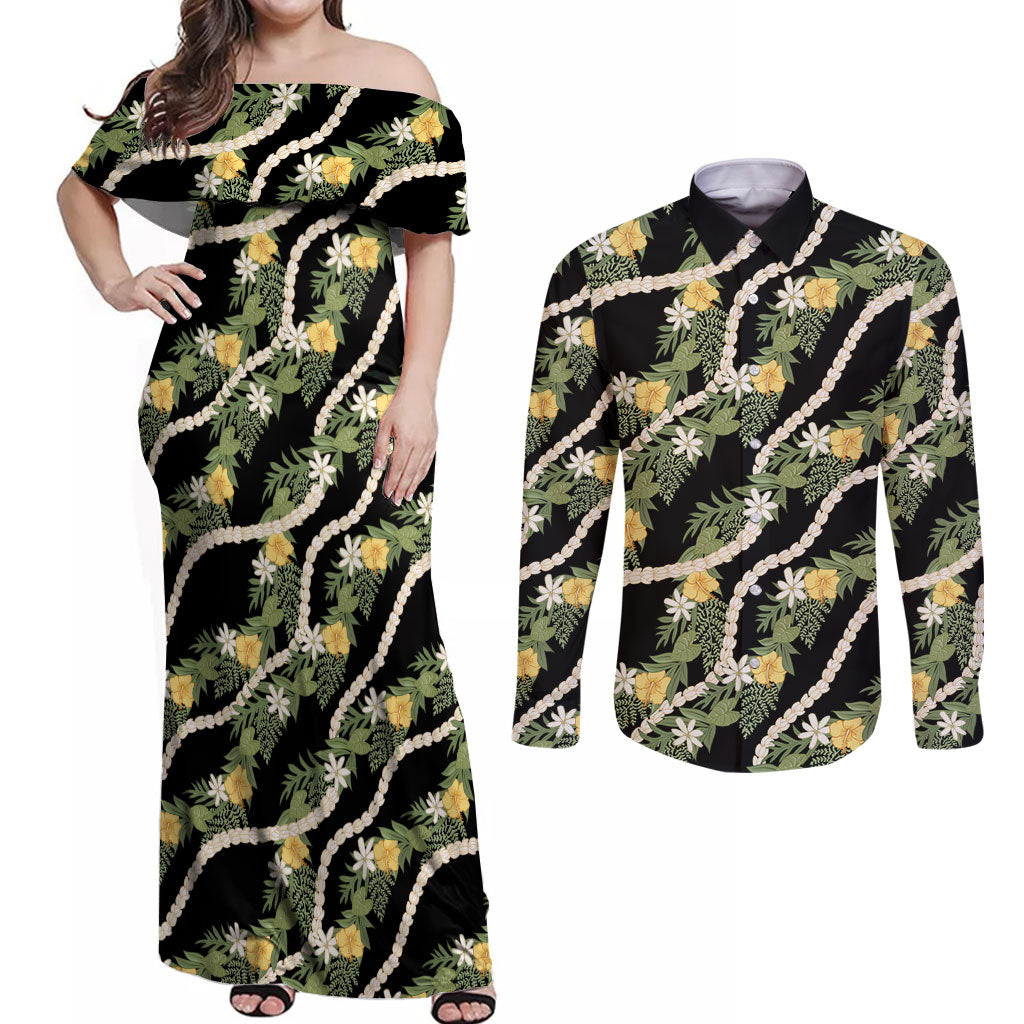 Hawaiian Pikake Maile Lei Couples Matching Off Shoulder Maxi Dress and Long Sleeve Button Shirt Tiare Hibiscus Kalo Palapalai Leaf Black