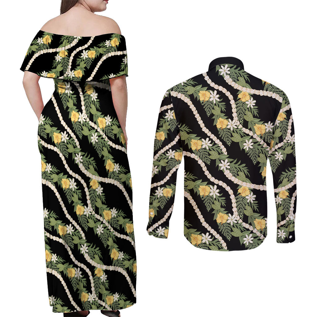Hawaiian Pikake Maile Lei Couples Matching Off Shoulder Maxi Dress and Long Sleeve Button Shirt Tiare Hibiscus Kalo Palapalai Leaf Black