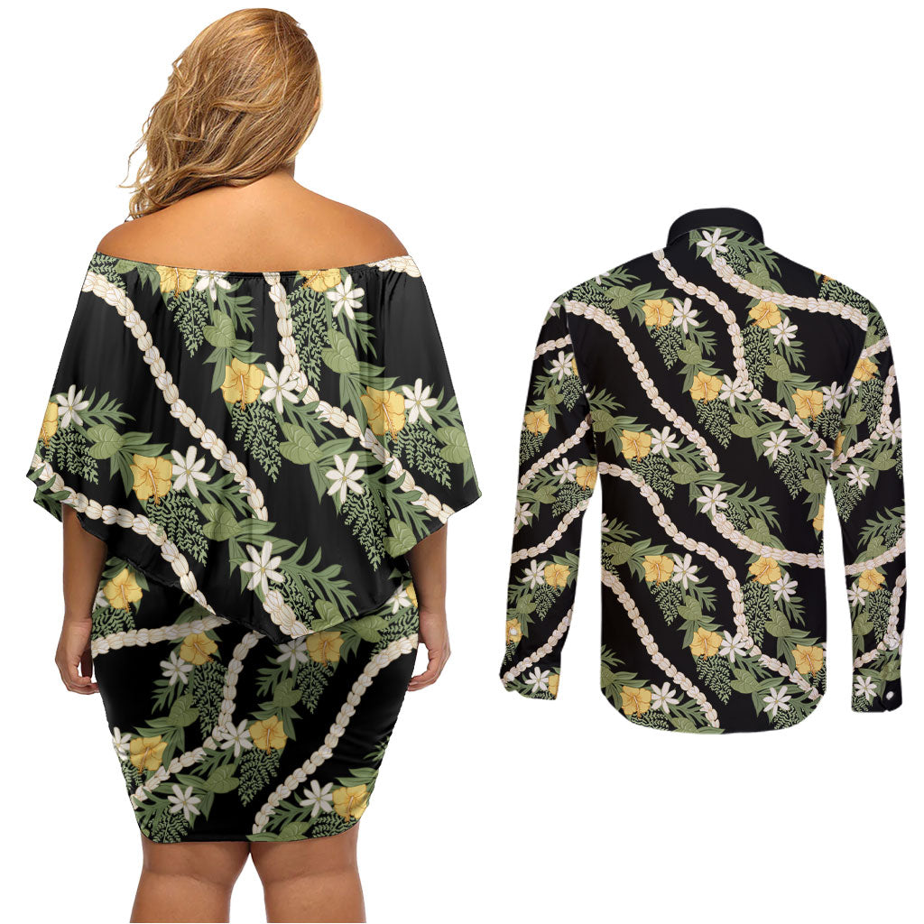 Hawaiian Pikake Maile Lei Couples Matching Off Shoulder Short Dress and Long Sleeve Button Shirt Tiare Hibiscus Kalo Palapalai Leaf Black