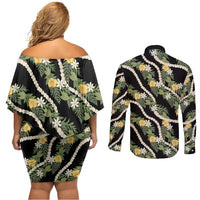 Hawaiian Pikake Maile Lei Couples Matching Off Shoulder Short Dress and Long Sleeve Button Shirt Tiare Hibiscus Kalo Palapalai Leaf Black