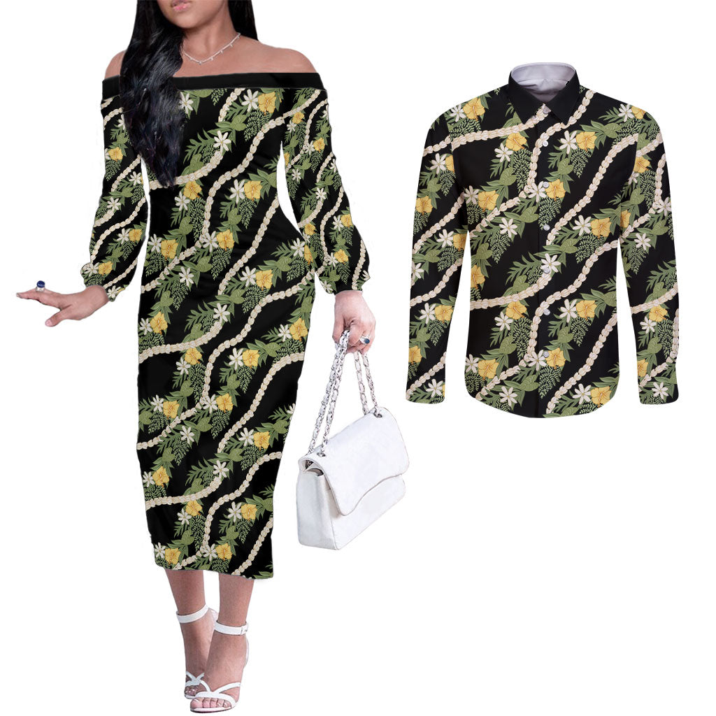 Hawaiian Pikake Maile Lei Couples Matching Off The Shoulder Long Sleeve Dress and Long Sleeve Button Shirt Tiare Hibiscus Kalo Palapalai Leaf Black