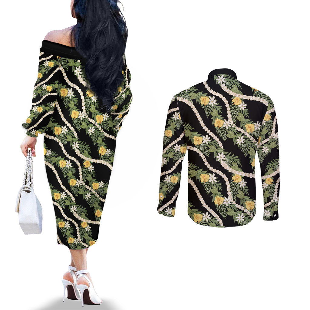 Hawaiian Pikake Maile Lei Couples Matching Off The Shoulder Long Sleeve Dress and Long Sleeve Button Shirt Tiare Hibiscus Kalo Palapalai Leaf Black