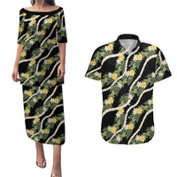 Hawaiian Pikake Maile Lei Couples Matching Puletasi and Hawaiian Shirt Tiare Hibiscus Kalo Palapalai Leaf Black