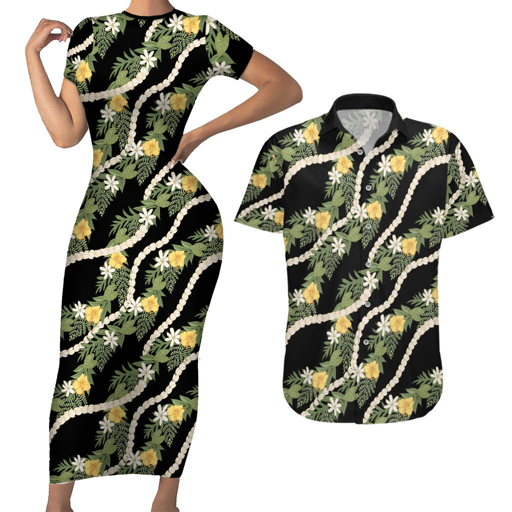 Hawaiian Pikake Maile Lei Couples Matching Short Sleeve Bodycon Dress and Hawaiian Shirt Tiare Hibiscus Kalo Palapalai Leaf Black