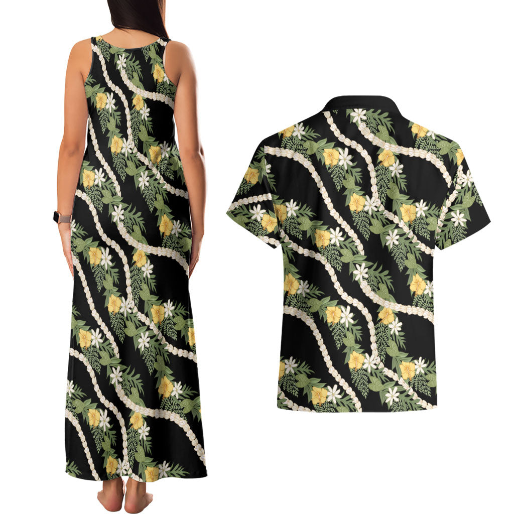 Hawaiian Pikake Maile Lei Couples Matching Tank Maxi Dress and Hawaiian Shirt Tiare Hibiscus Kalo Palapalai Leaf Black