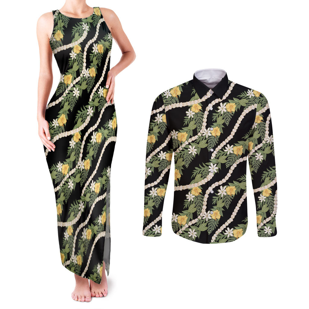 Hawaiian Pikake Maile Lei Couples Matching Tank Maxi Dress and Long Sleeve Button Shirt Tiare Hibiscus Kalo Palapalai Leaf Black