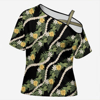 Hawaiian Pikake Maile Lei Cross Shoulder Shirt Tiare Hibiscus Kalo Palapalai Leaf Black